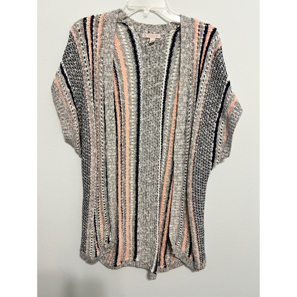 Christopher & Banks Womens XL Cardigan Short Sleeve Striped Open Front Gray